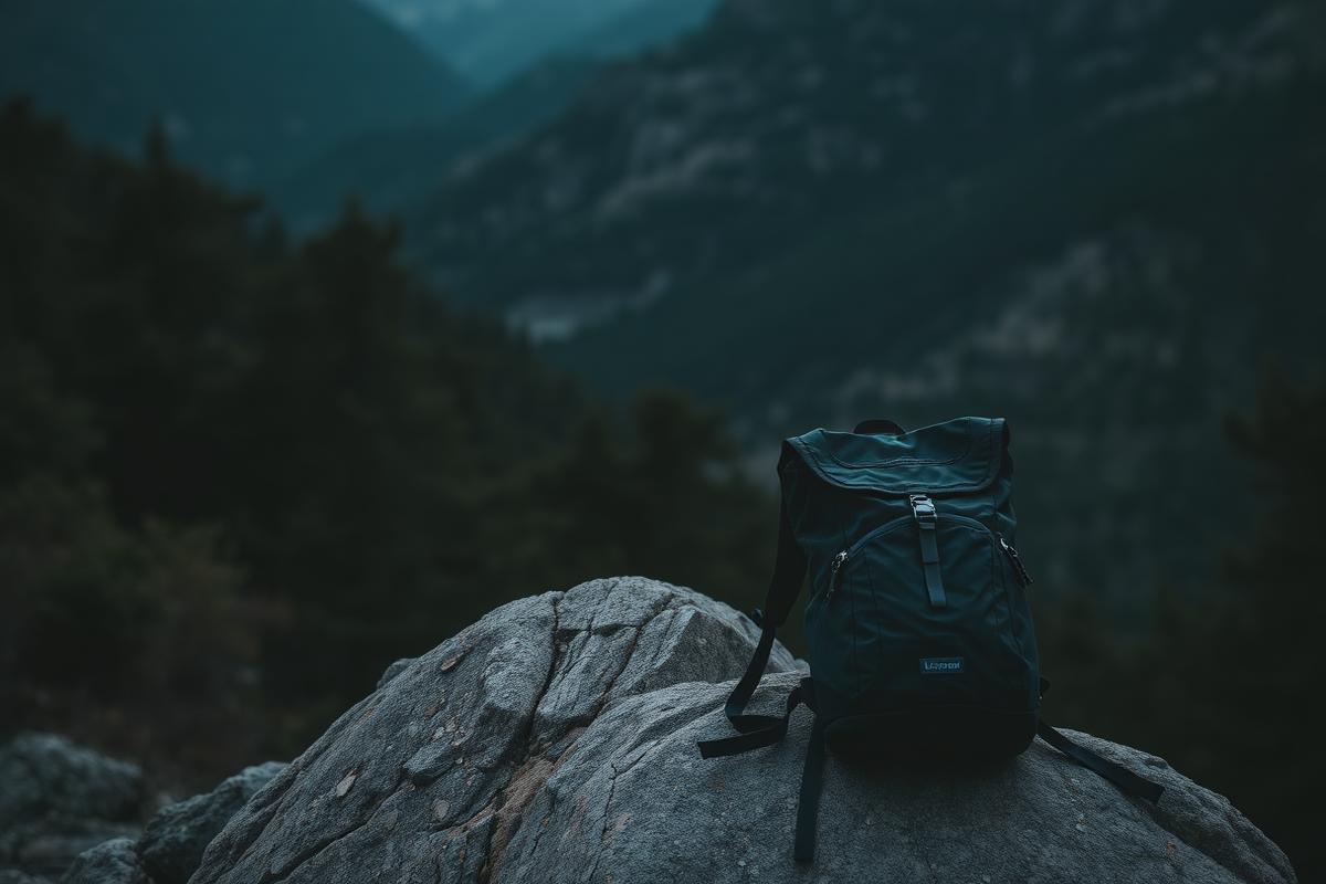 Mochila de senderismo sobre una roca al atardecer en la montaña