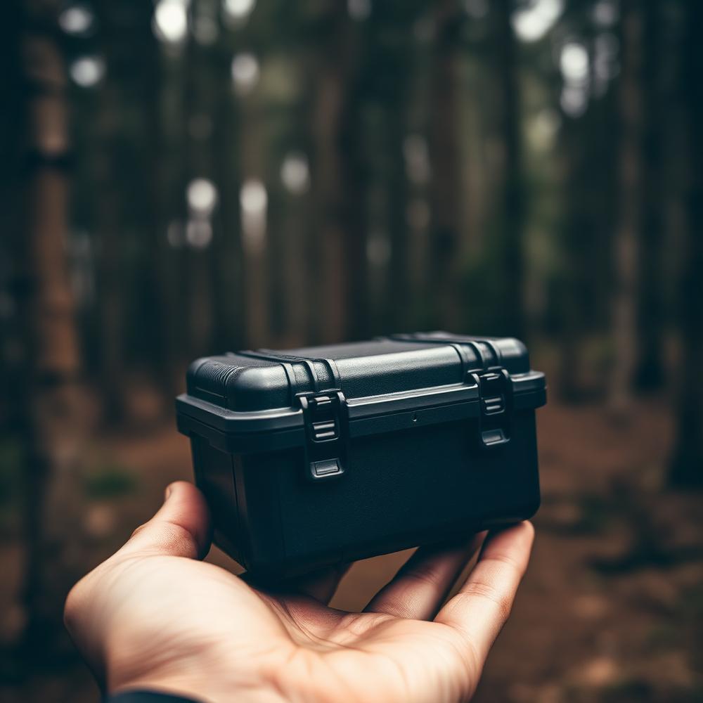 Estuche rígido del kit de supervivencia sostenido en una mano en el bosque